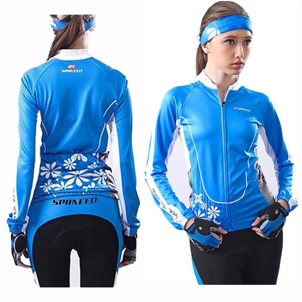 Sponeed Women's Cycling Long Sleeve Jersey Blue White Three Pockets Back Size M